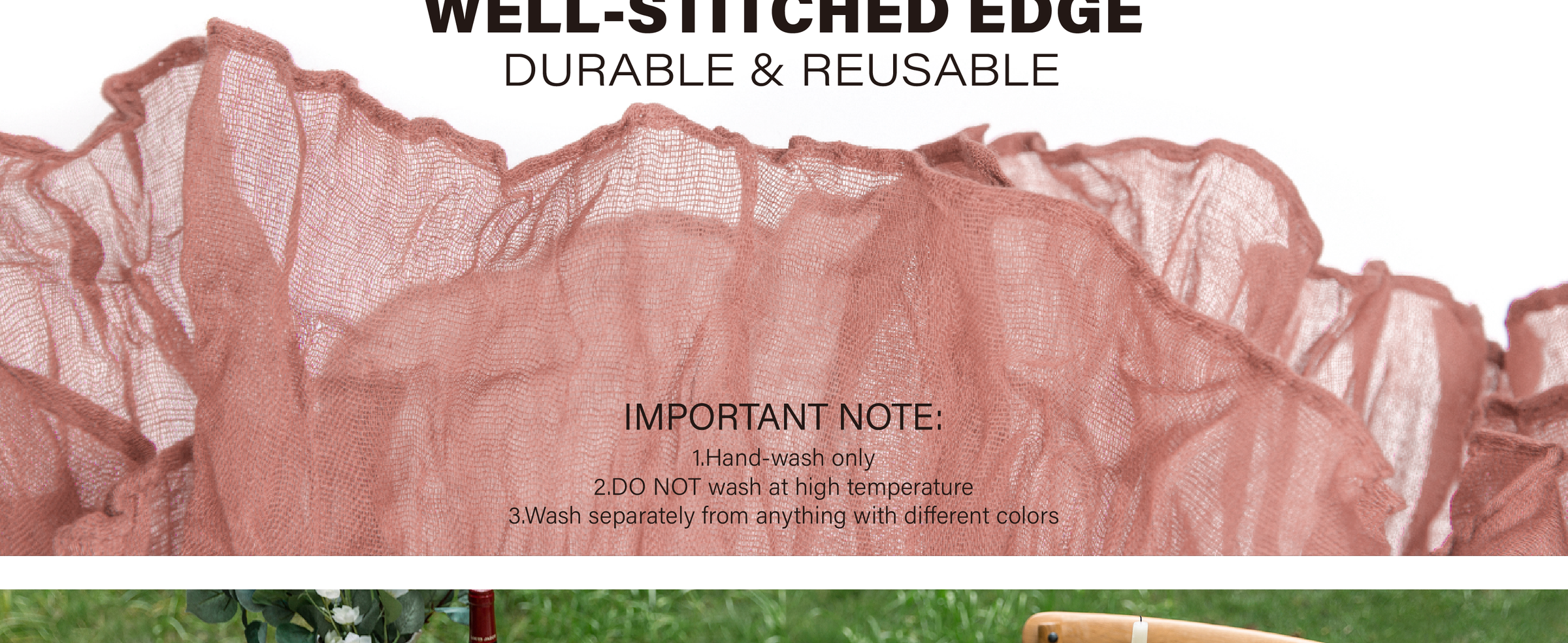 Peach-coral cheesecloth table runner showing its crinkled weave and well-stitched ruffled edge