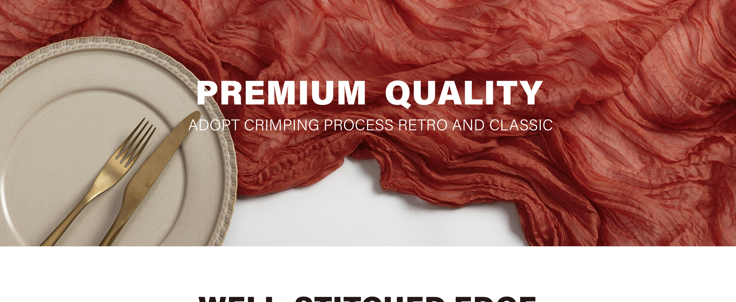 Terracotta cheesecloth table runner in crinkled folds beside a cream plate and gold flatware