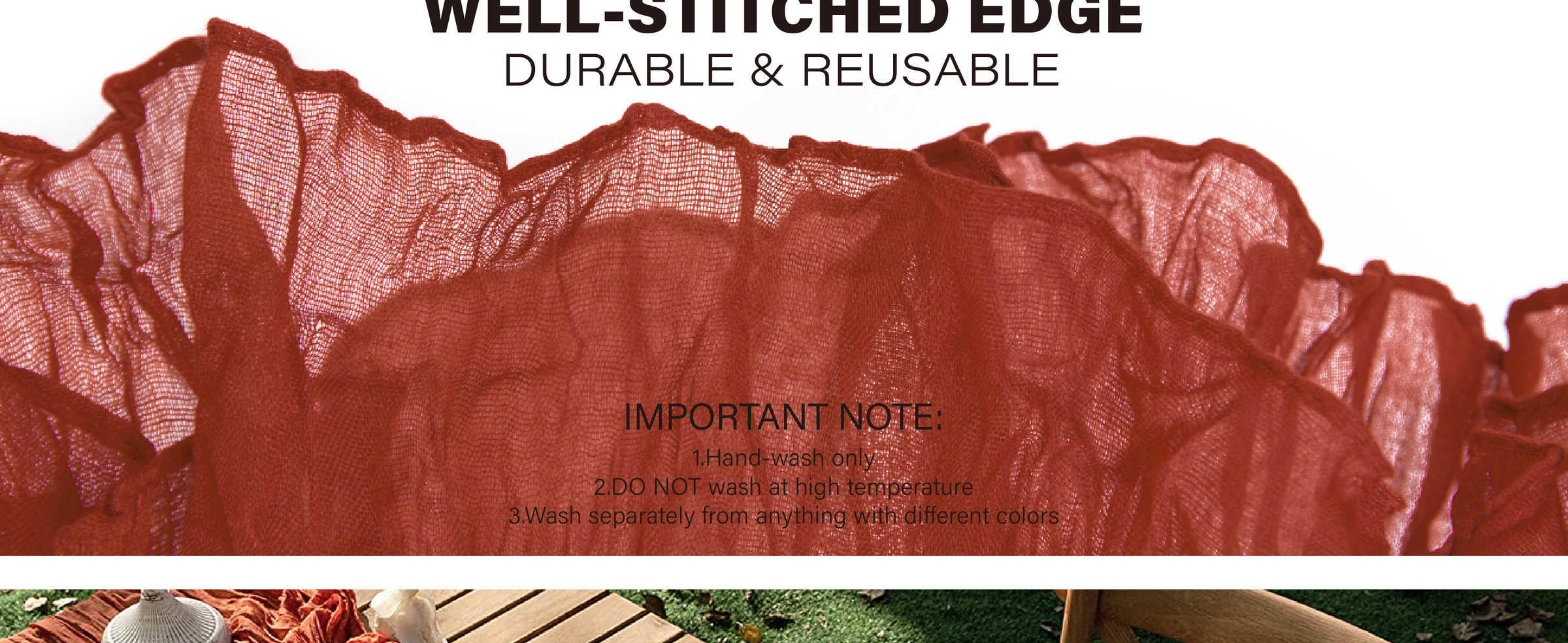 Terracotta cheesecloth table runner with crinkled texture, a stitched edge, and hand-wash care instructions.