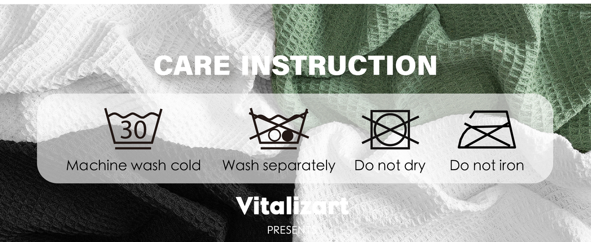 Waffle throws in white, green, and black with cold-wash, separate-wash, no-dry, and no-iron care