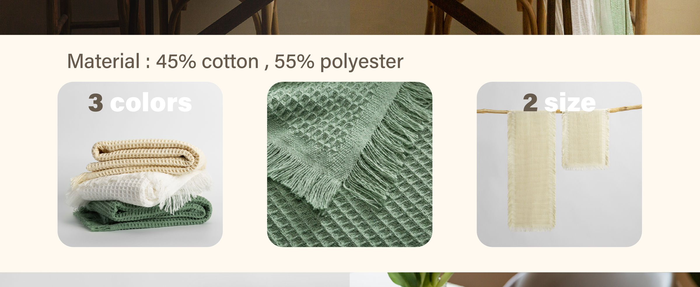 Cream, white, and dusty green waffle-weave table runners with fringe, shown folded and hanging