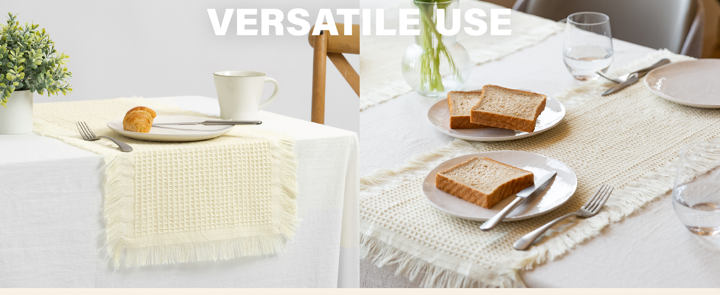Cream fringed waffle-weave table runners styled for breakfast with plates, toast, flowers, and flatware