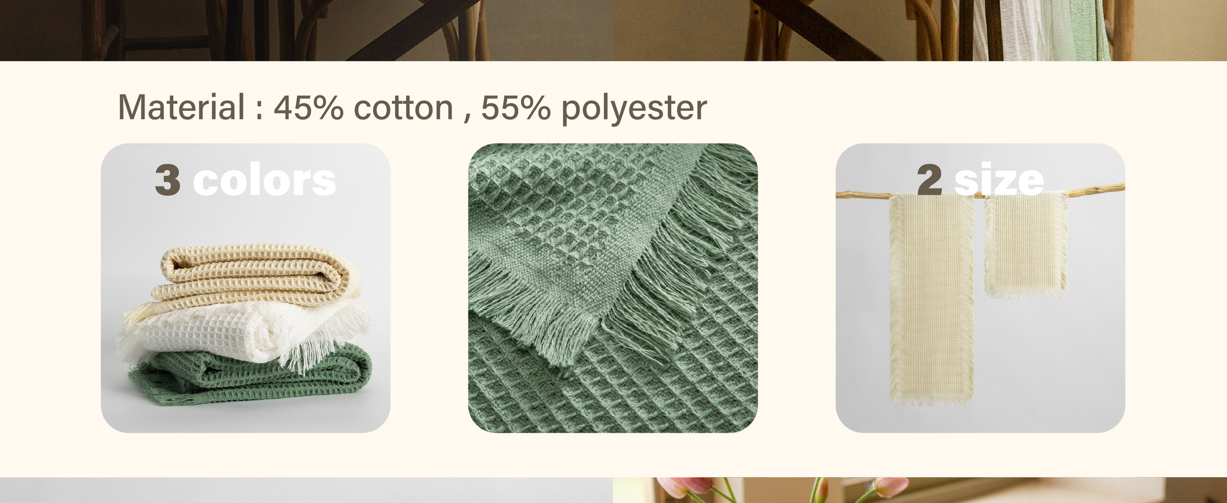 Waffle-weave table runners in three colors, with a dusty green texture close-up and two cream sizes
