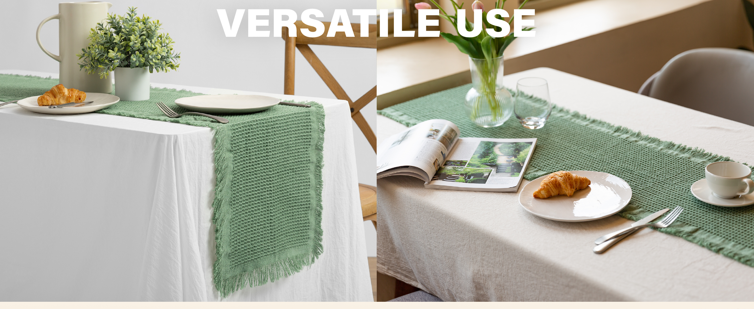 Dusty green fringed waffle-weave table runner styled lengthwise and across two dining tables