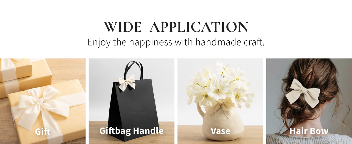 Cream-white fringed cotton ribbon tied around tan gift boxes and as a bow on a black gift bag handle.