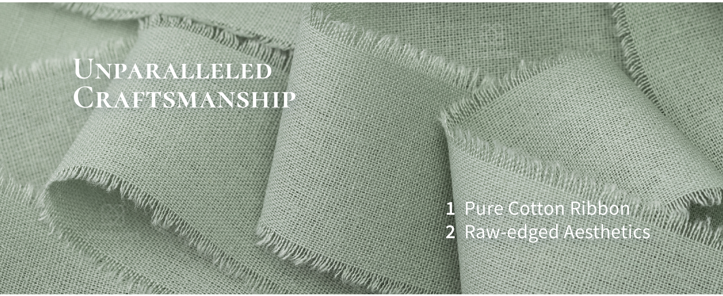 Close-up of dusty green woven cotton ribbon in loose folds with soft, raw fringed edges.