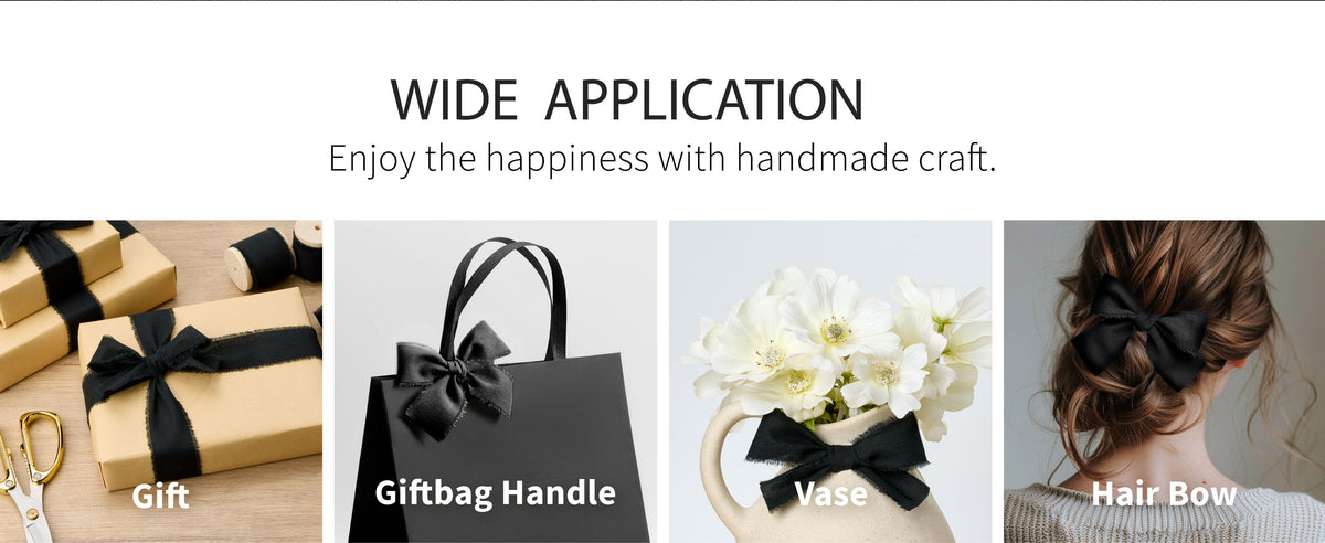 Black frayed cotton ribbon tied on kraft gift boxes and used as a decorative bow on a black gift bag