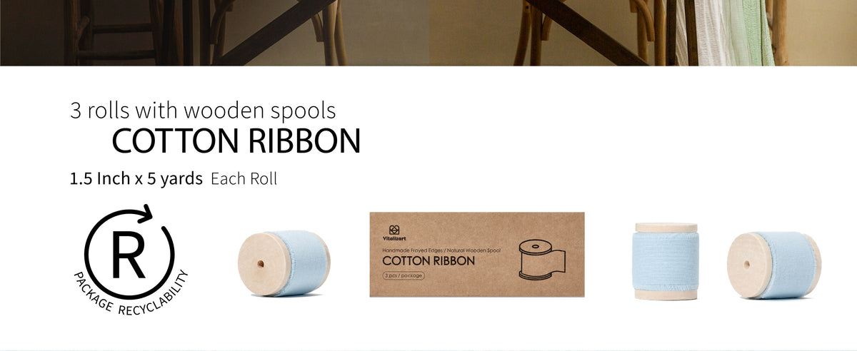 Three rolls of baby blue cotton ribbon on wooden spools with kraft packaging, each 1.5 inches by 5 yards
