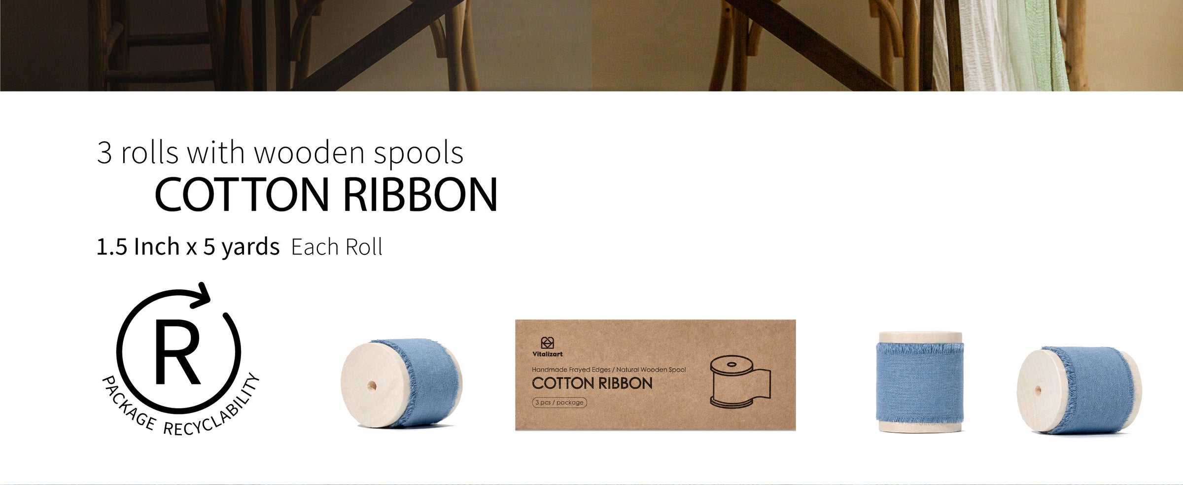 Three rolls of dusty blue frayed cotton ribbon on wooden spools, each measuring 1.5 inches by 5 yards.