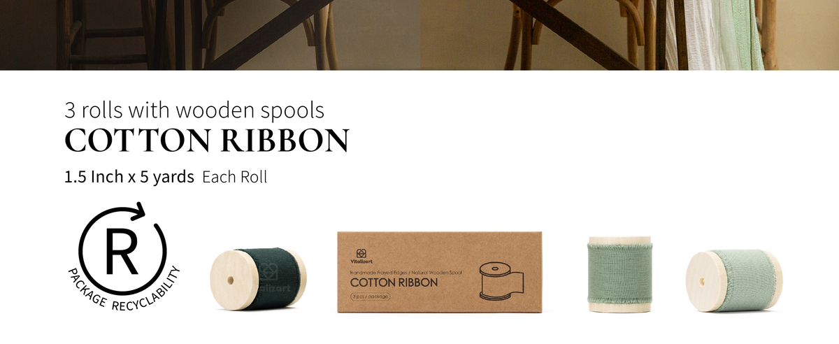 Three green cotton fringe ribbon rolls on wooden spools beside a brown product box.