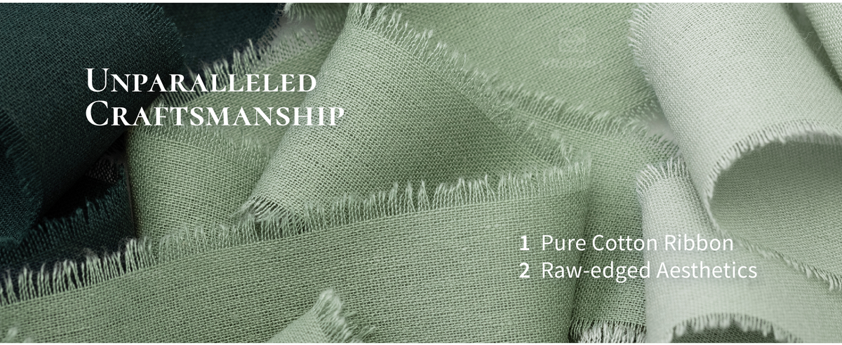 Close-up of dark green, sage, and pale mint cotton ribbons with soft folds and frayed edges.