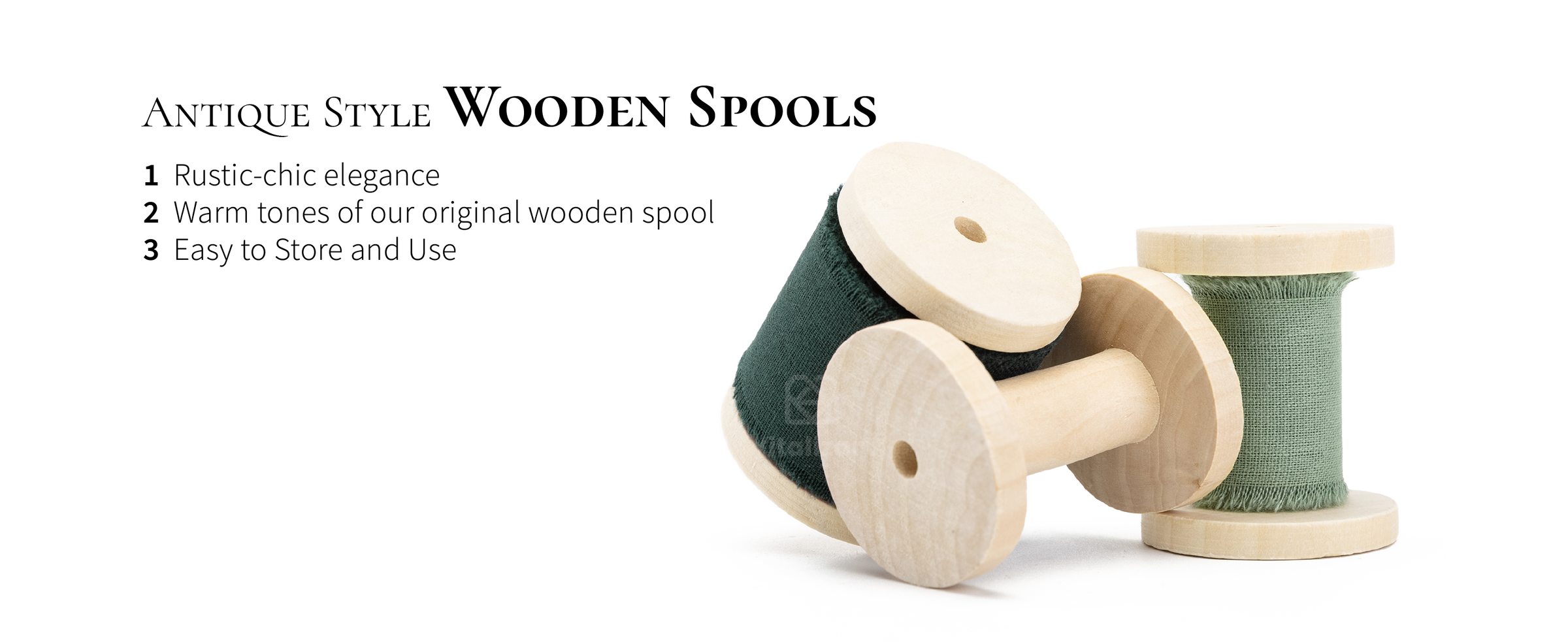 Natural wooden spools with dark and sage green frayed cotton ribbon on a white background.