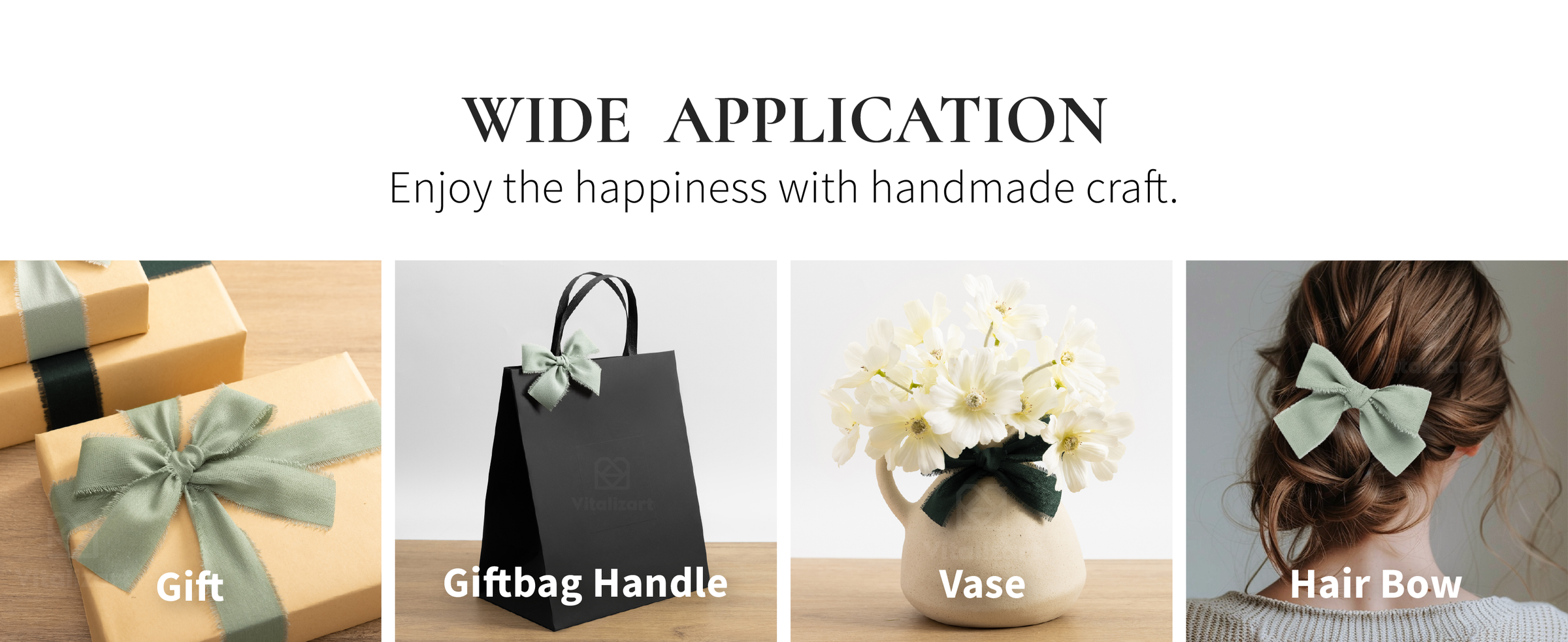 Green frayed cotton ribbon tied around kraft gifts and as a bow on a black gift bag.