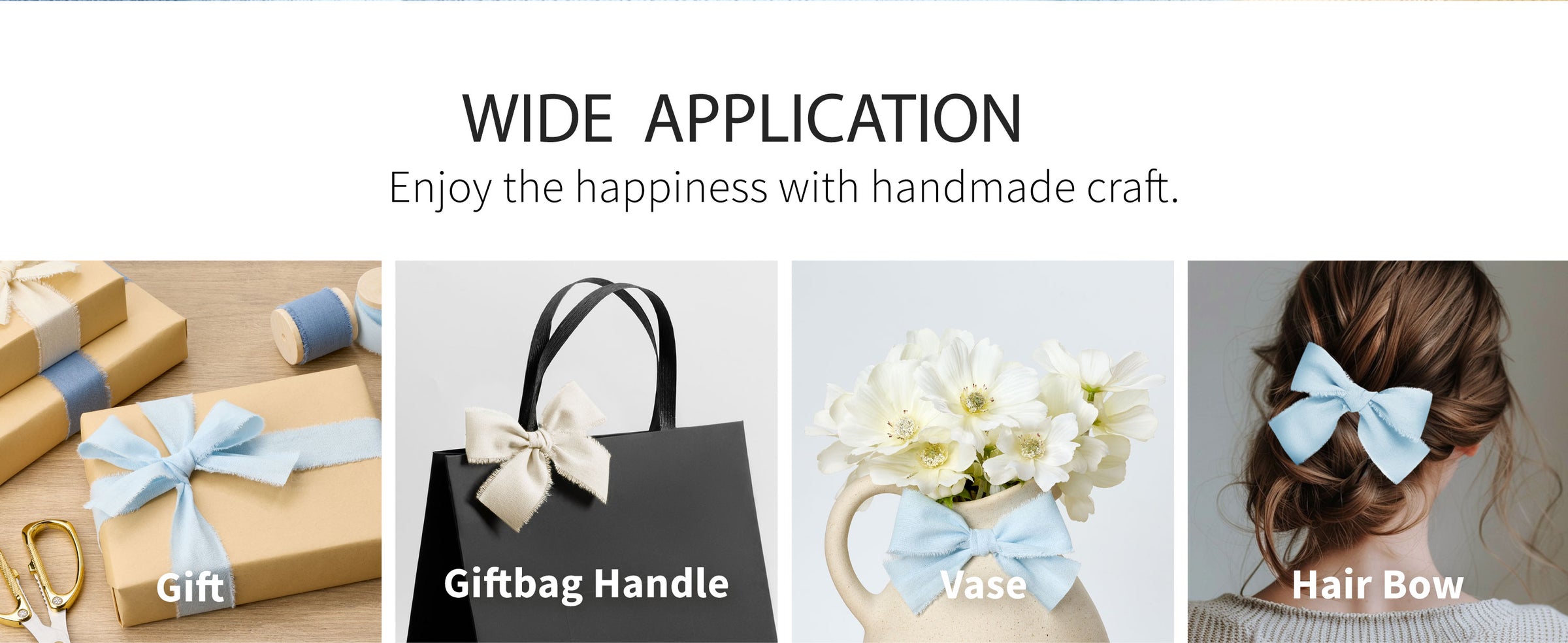 Frayed cotton ribbon used as light blue gift wrap and a cream bow on a black shopping bag.