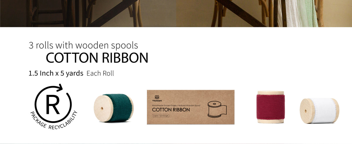 Three frayed cotton ribbon rolls in green, red, and white on wooden spools, 1.5 in. by 5 yd. each.