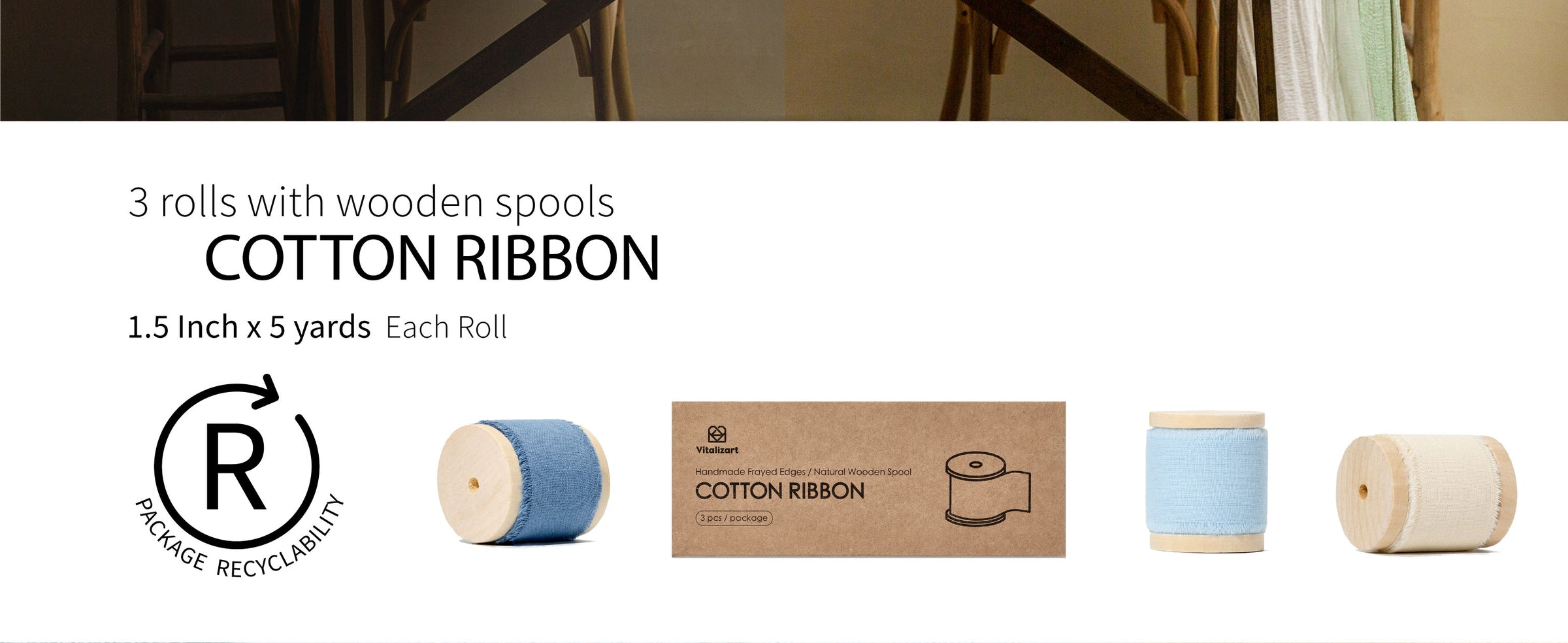Three blue and cream cotton ribbon rolls on wooden spools, each 1.5 inches wide by 5 yards long