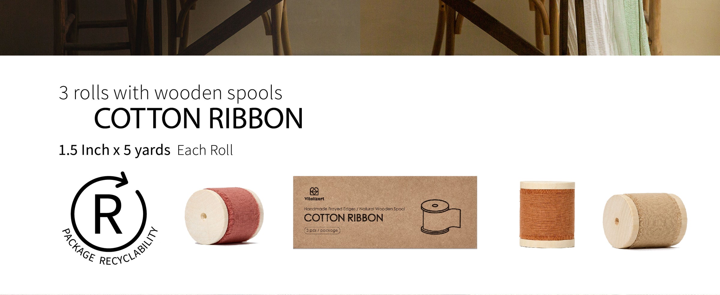 Three rose, rust, and tan cotton ribbon rolls on wooden spools, each 1.5 inches by 5 yards
