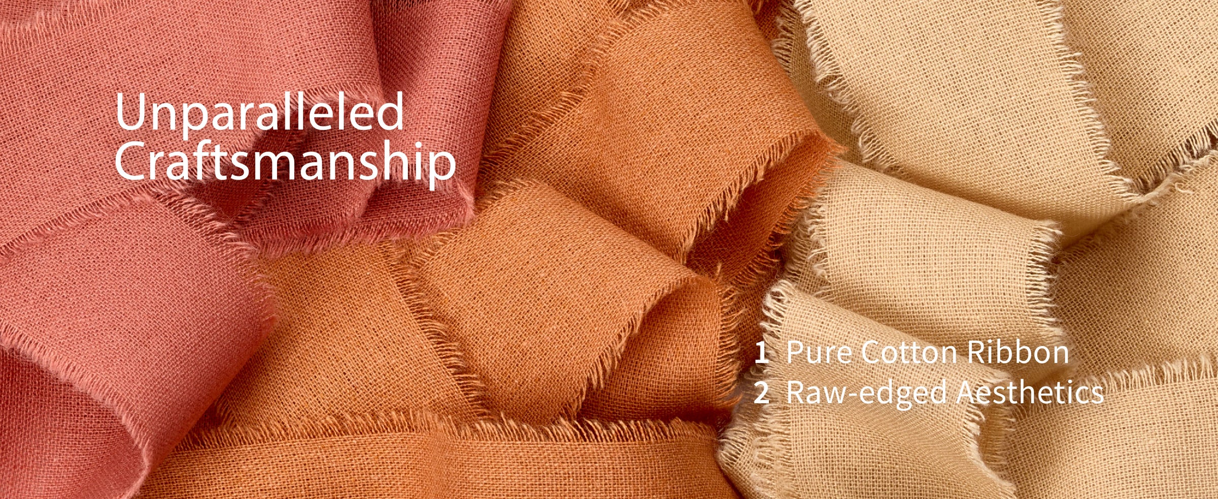 Close-up of dusty rose, rust, and tan cotton ribbons with woven texture and raw frayed edges