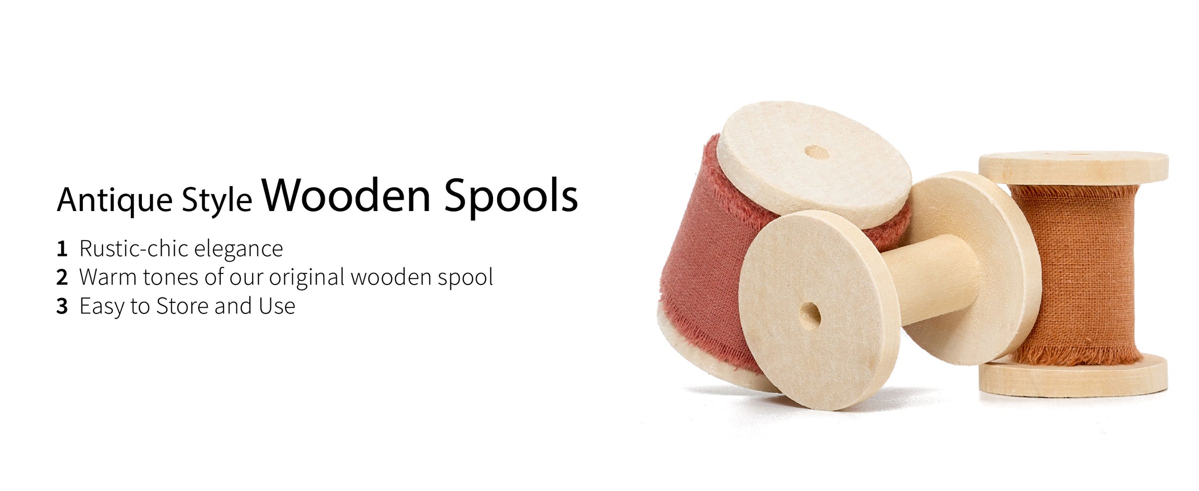 Terracotta fringed cotton ribbon wound on antique-style pale wooden spools