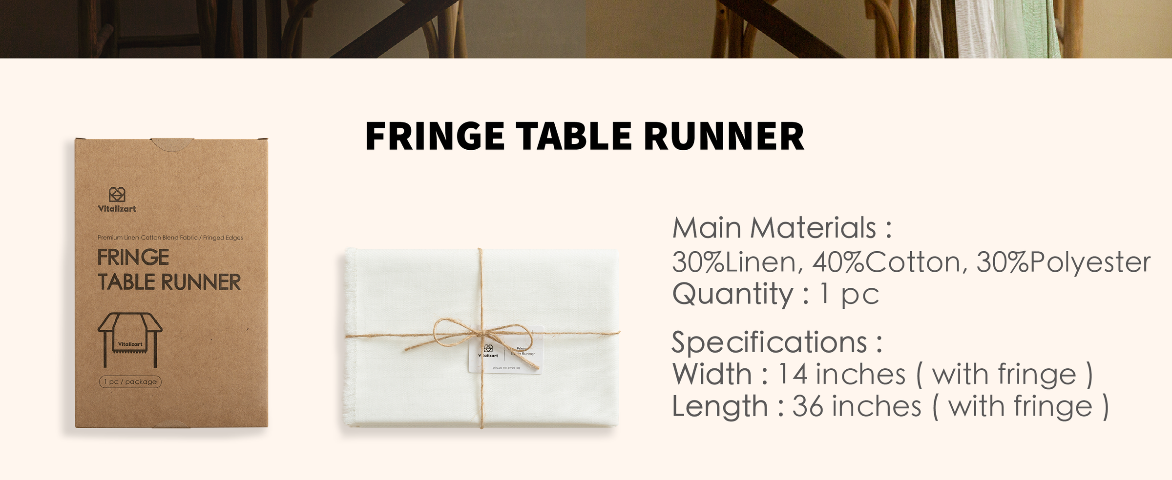 Folded pearl-white fringed table runner tied with twine, measuring 14 by 36 inches