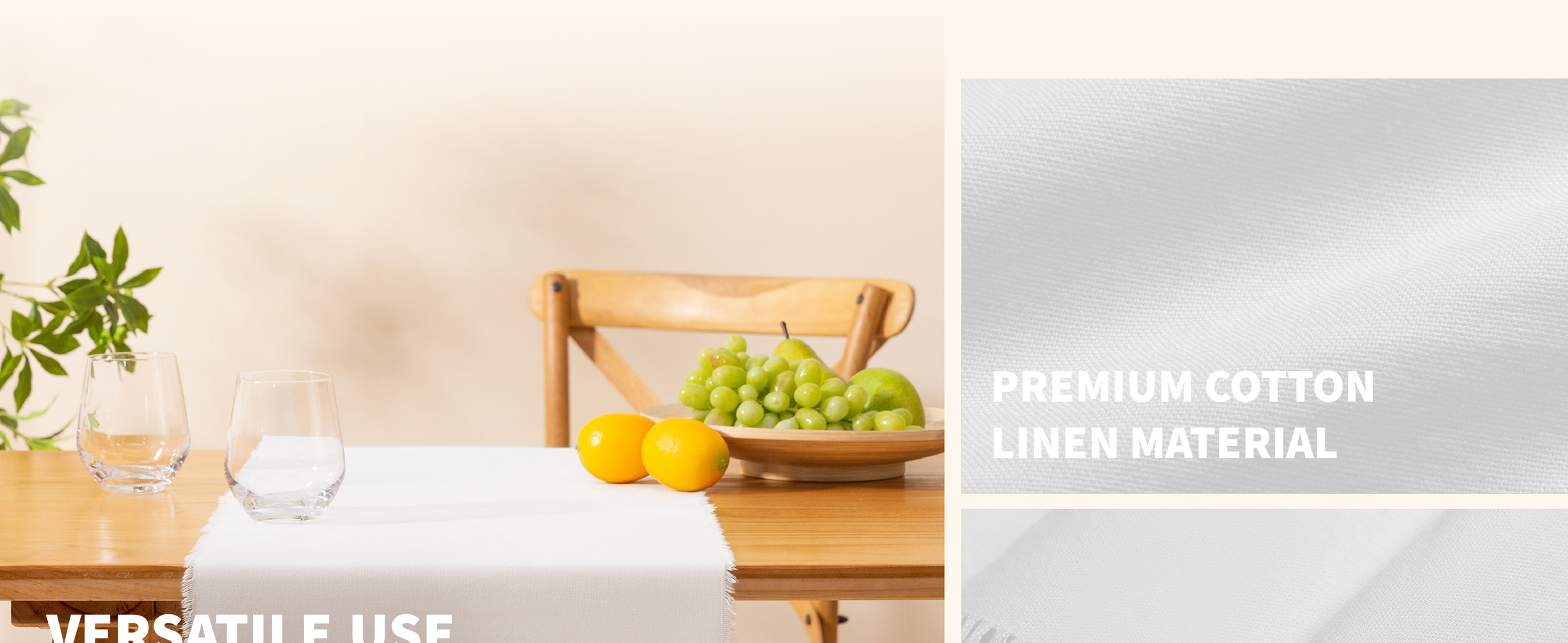Pearl-white fringed table runner set on a wooden dining table with glasses and fresh fruit