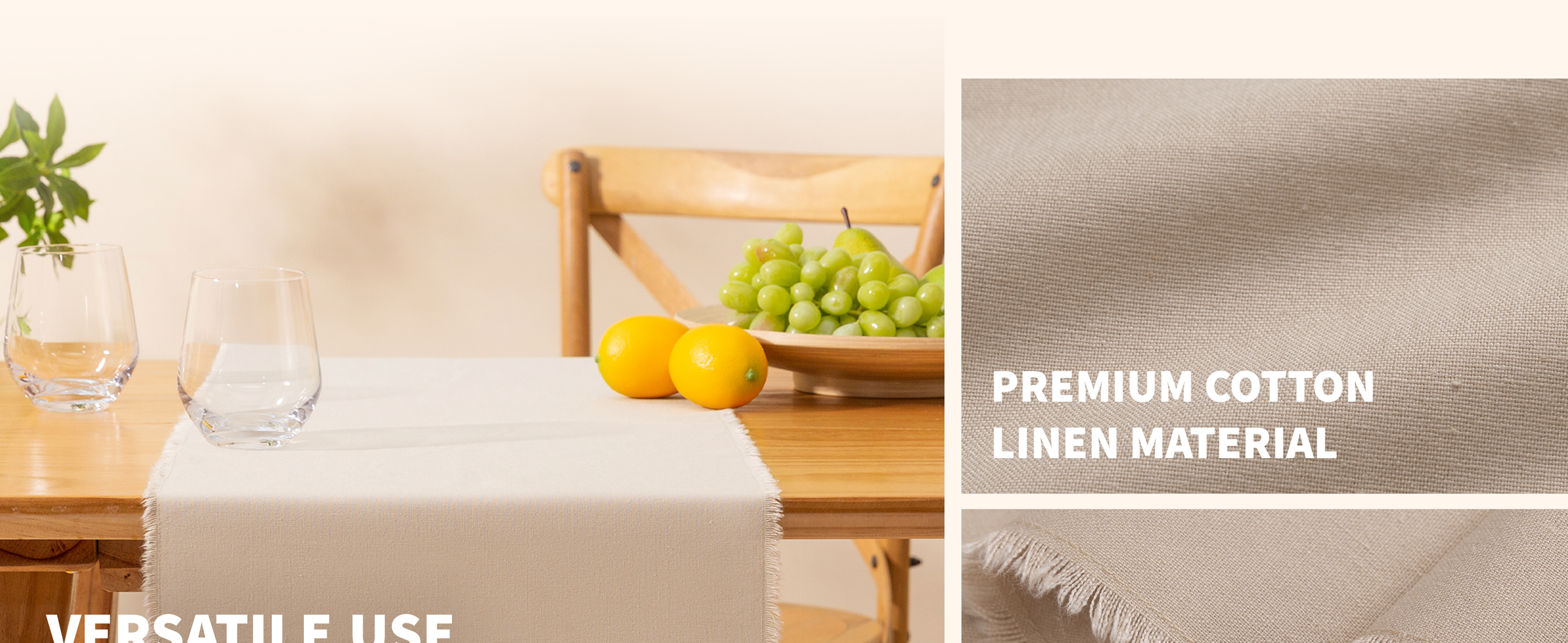 Nude-tan fringed table runner draped over a wooden dining table with glasses and fresh fruit