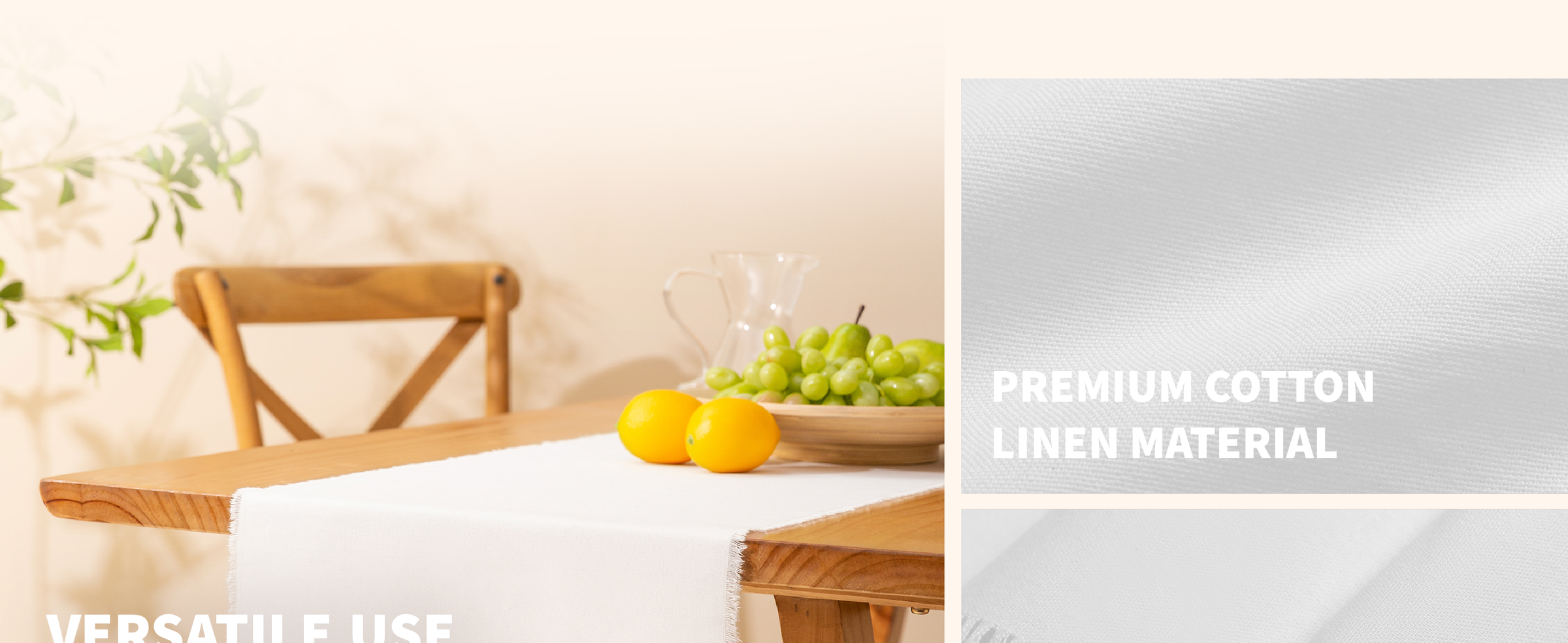 Pure-white fringed table runner draped lengthwise over a wooden dining table with fresh fruit