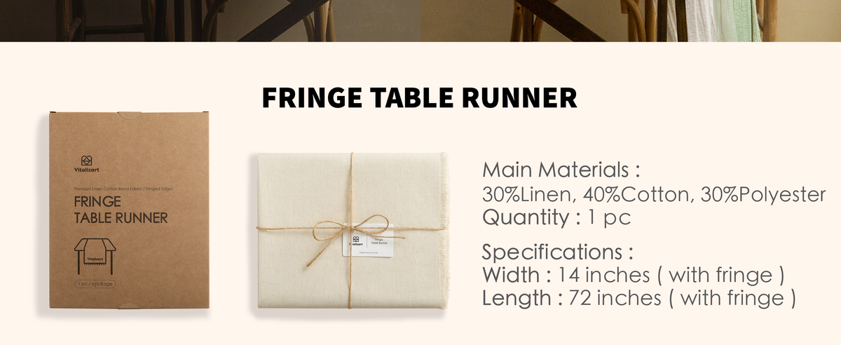 Ivory fringe table runner with package, 14-by-72-inch size, and visible material details