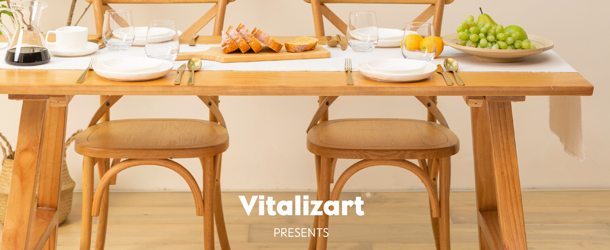 Ivory cotton-linen table runner styled across a bright wood table with white place settings