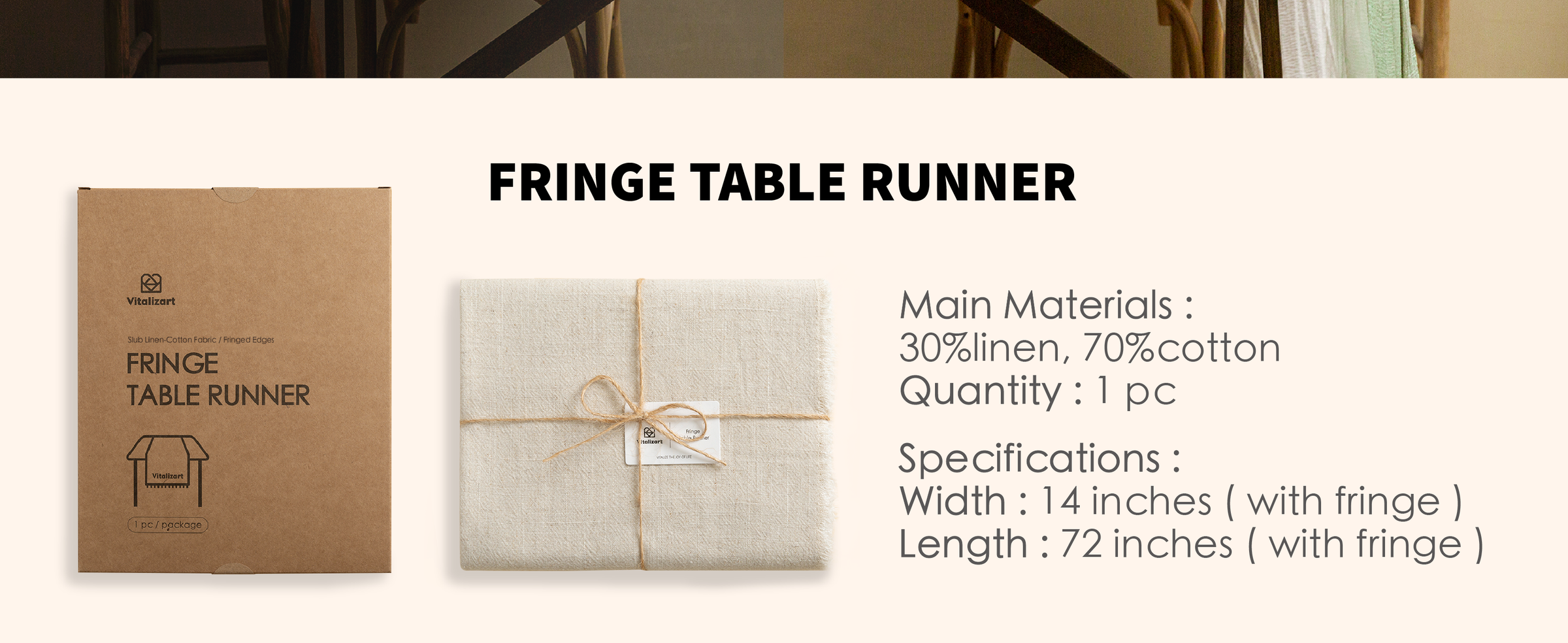 Folded cream-beige cotton-linen table runner with fringe, 14 by 72 inches, tied with twine.