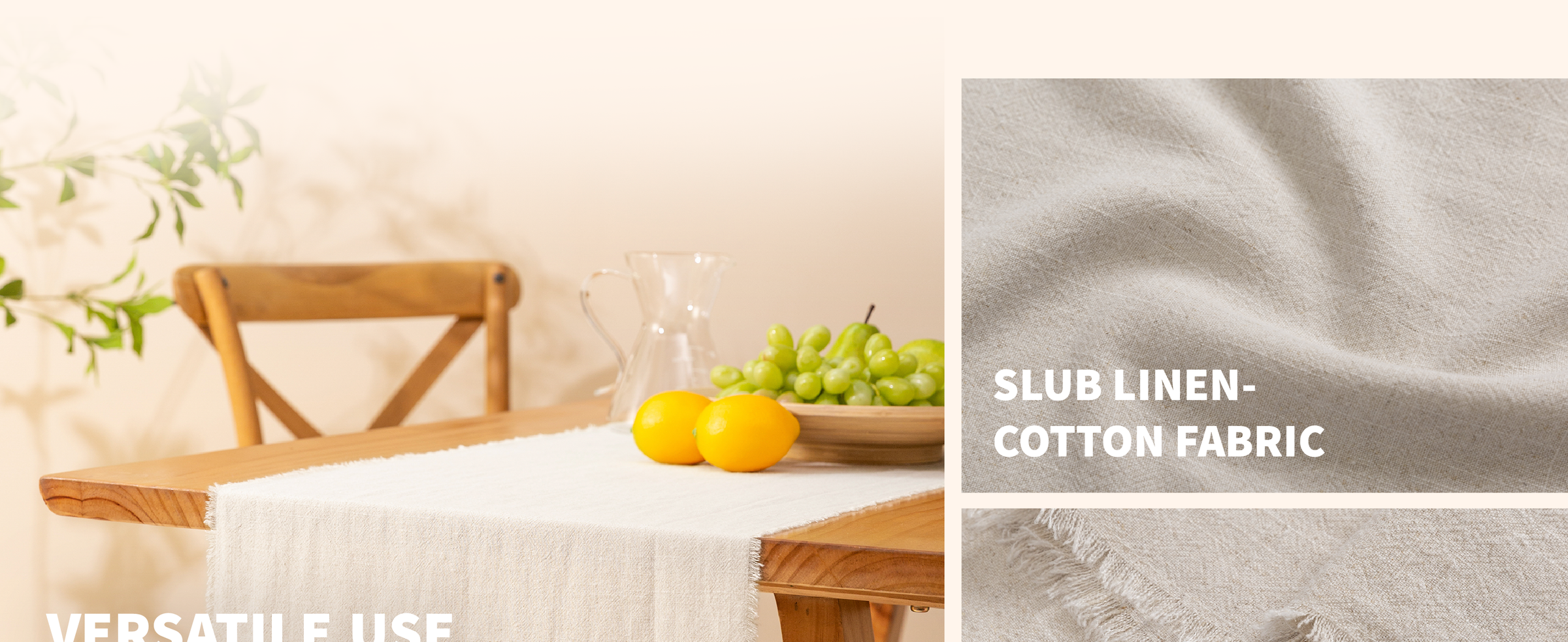 Cream fringed table runner draped across a wooden dining table beside lemons and green grapes.