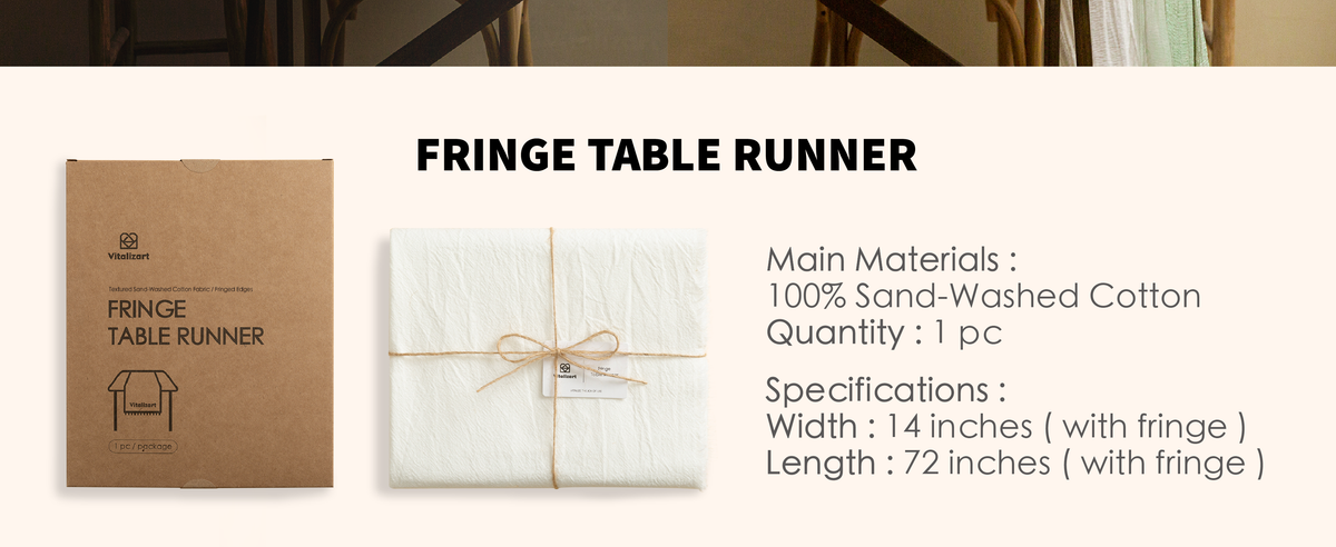 Simply white fringe table runner with package, 14-by-72-inch size, and visible material details