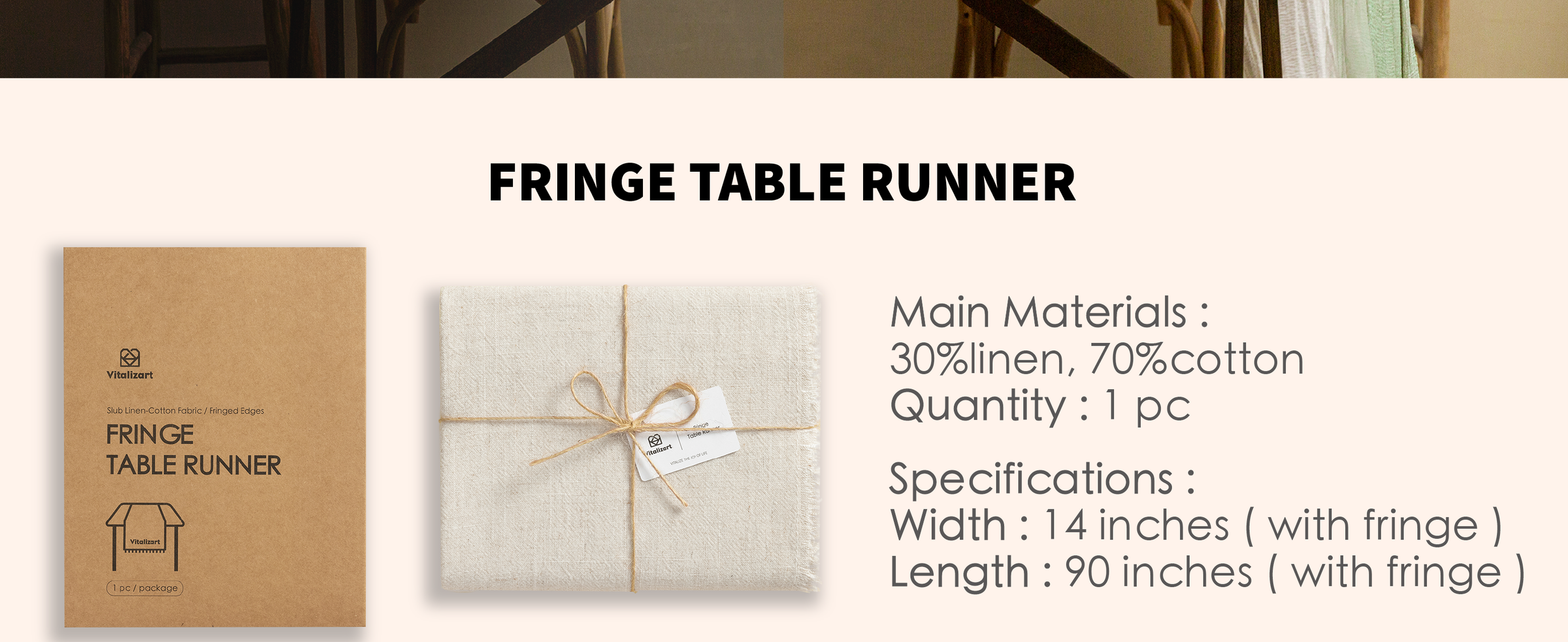 Folded light beige cotton-linen table runner with fringe, 14 by 90 inches, tied with twine.