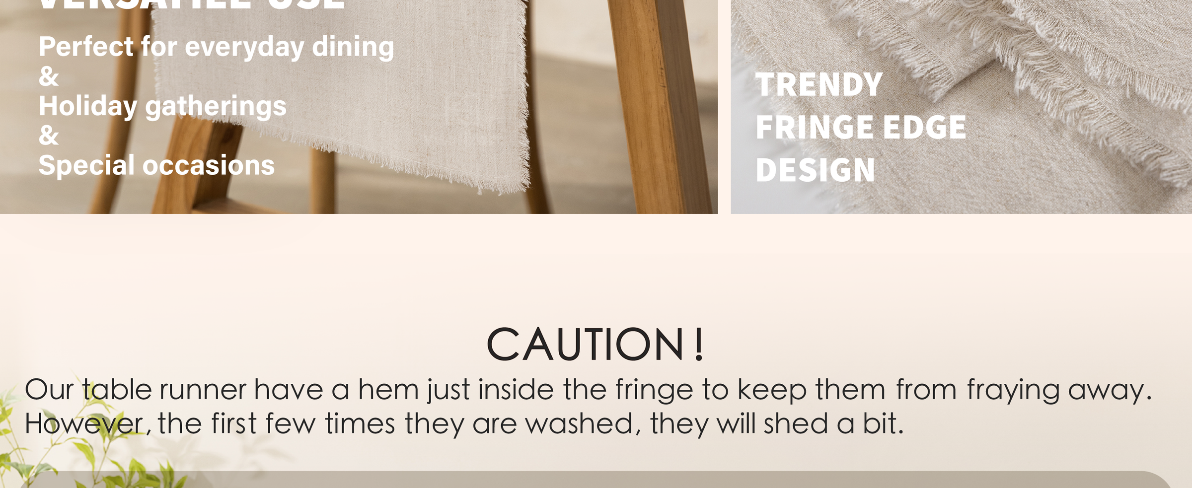Close-up comparison of light beige linen-cotton table runner fabric and its soft fringed edge.