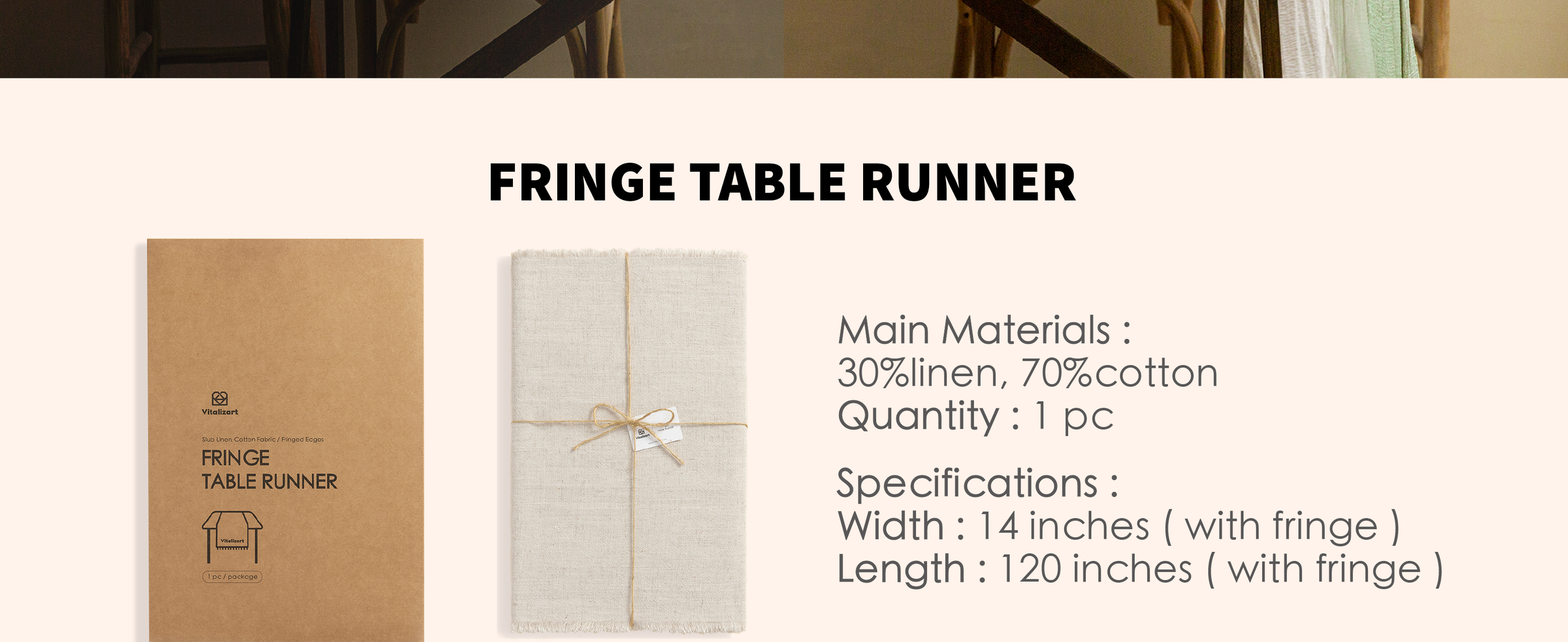 Packaged beige cotton-linen table runner with fringe, 14 by 120 inches, shown folded beside its box.