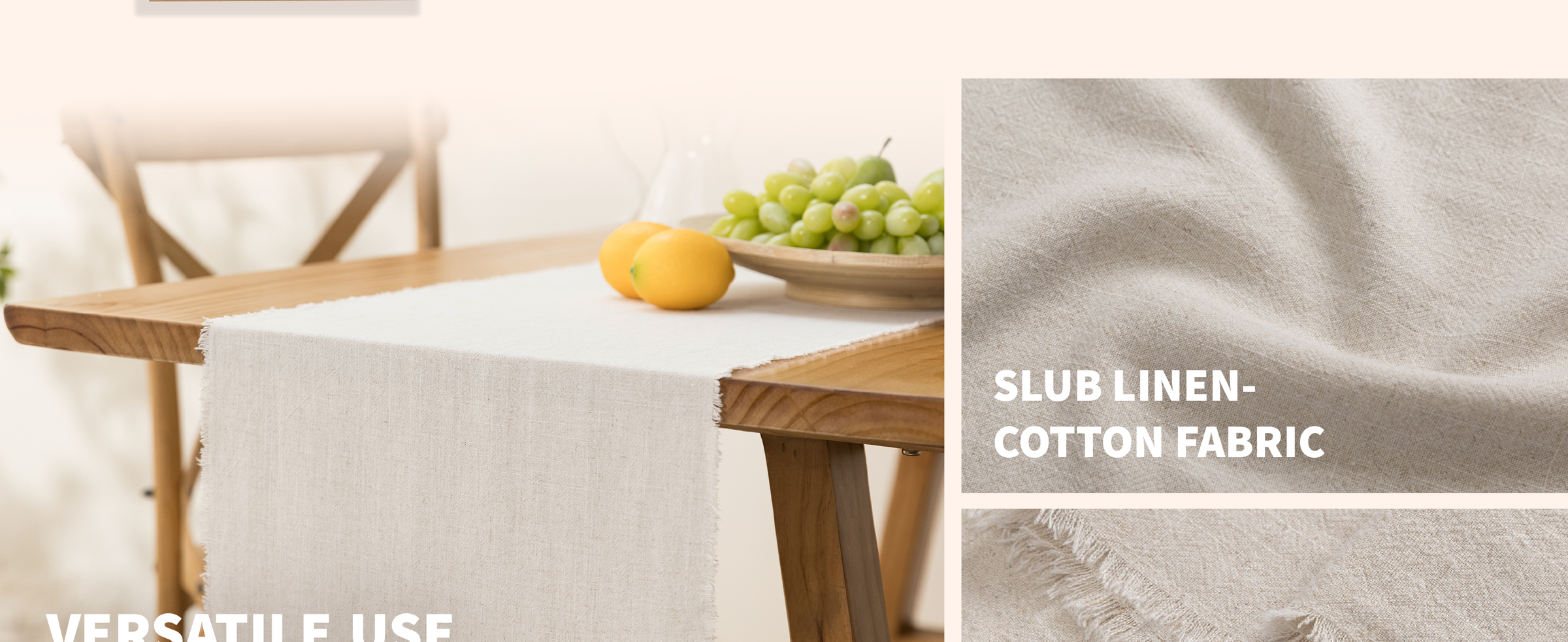 Beige fringed table runner draped over a warm wooden dining table with lemons above.