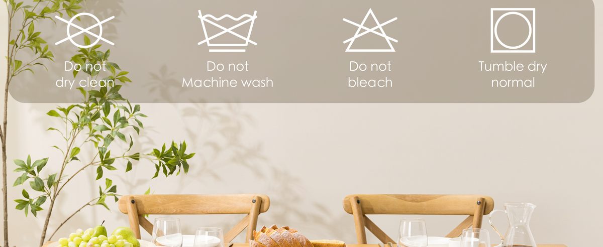 Table runner care guide: do not dry clean, machine wash, or bleach; tumble dry normal.