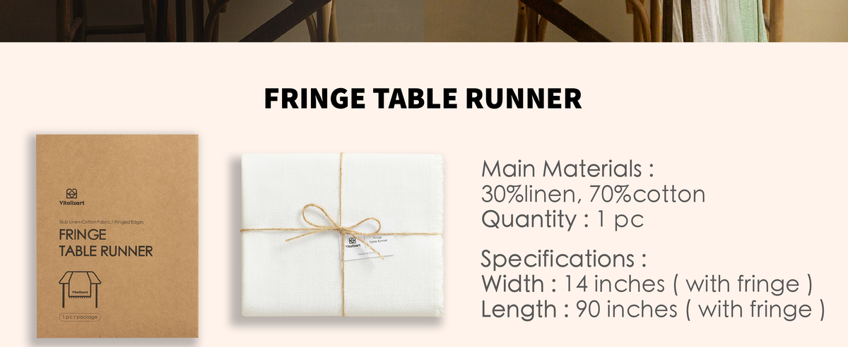 Folded white fringed table runner tied with twine, made of 30% linen and 70% cotton