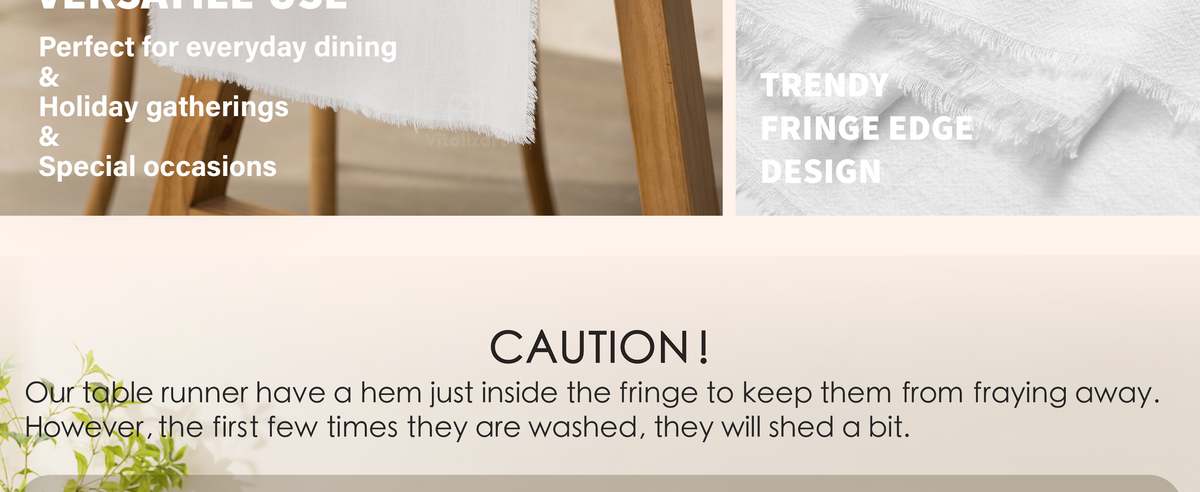 Close-ups of a white linen-cotton table runner showing slub texture and fringed edges