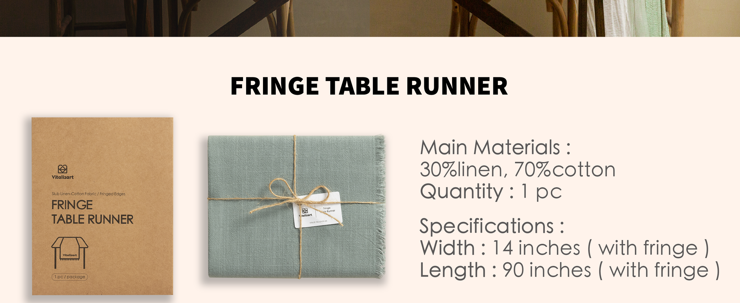 Folded sage green fringed table runner tied with twine, made of 30% linen and 70% cotton