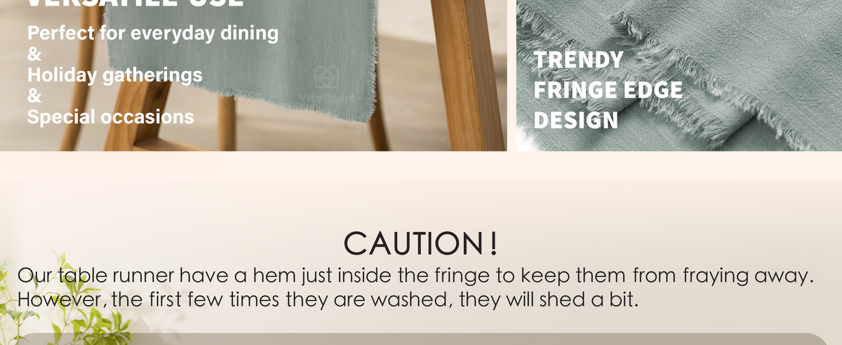 Close-ups of a sage green linen-cotton table runner showing slub texture and fringed edges