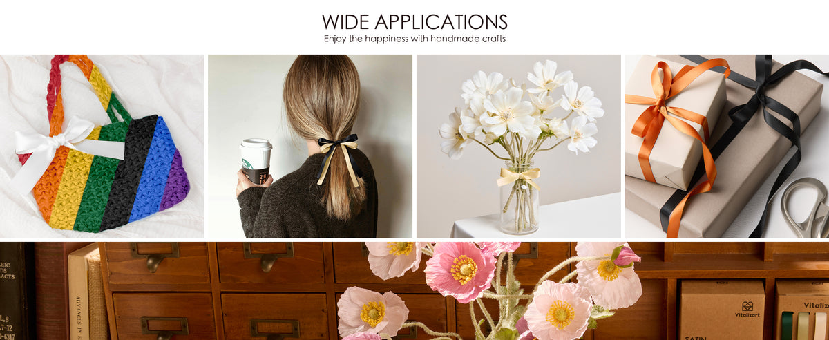 Satin ribbon used for a woven bag, ponytail, flower vase, and gift wrapping in a four-panel collage.