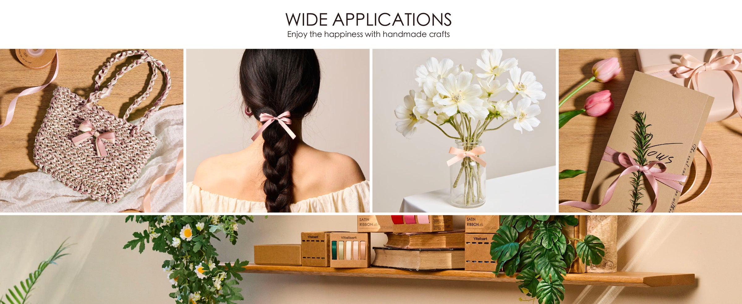 Blush satin ribbon decorates a woven bag, braided hair, flower vase, and wrapped card in four examples.