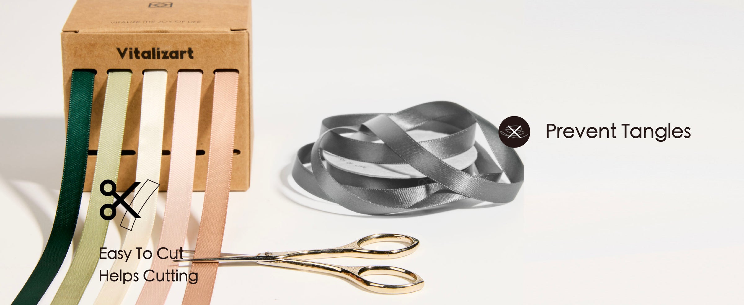 Five teal, sage, ivory, and blush satin ribbons in a dispenser with scissors and spool example.