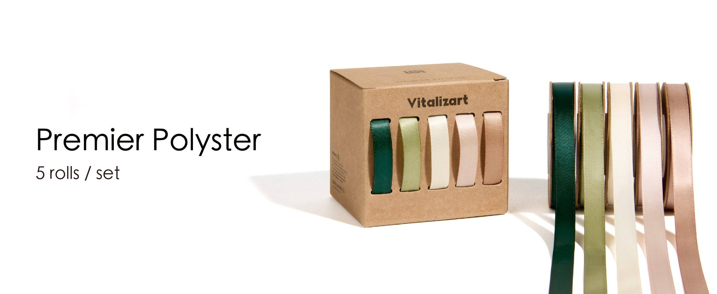 Five-roll satin ribbon set in dark teal, sage, ivory, and blush, boxed and shown on spools.