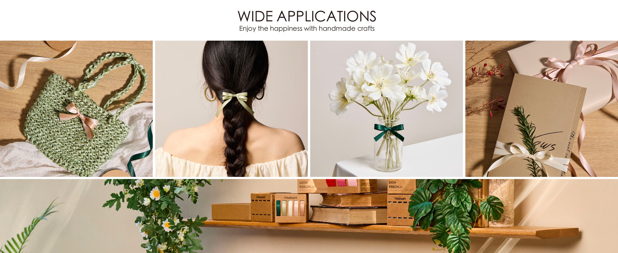 Teal, sage, ivory, and blush satin ribbons decorate a bag, braid, flower vase, and gift card.