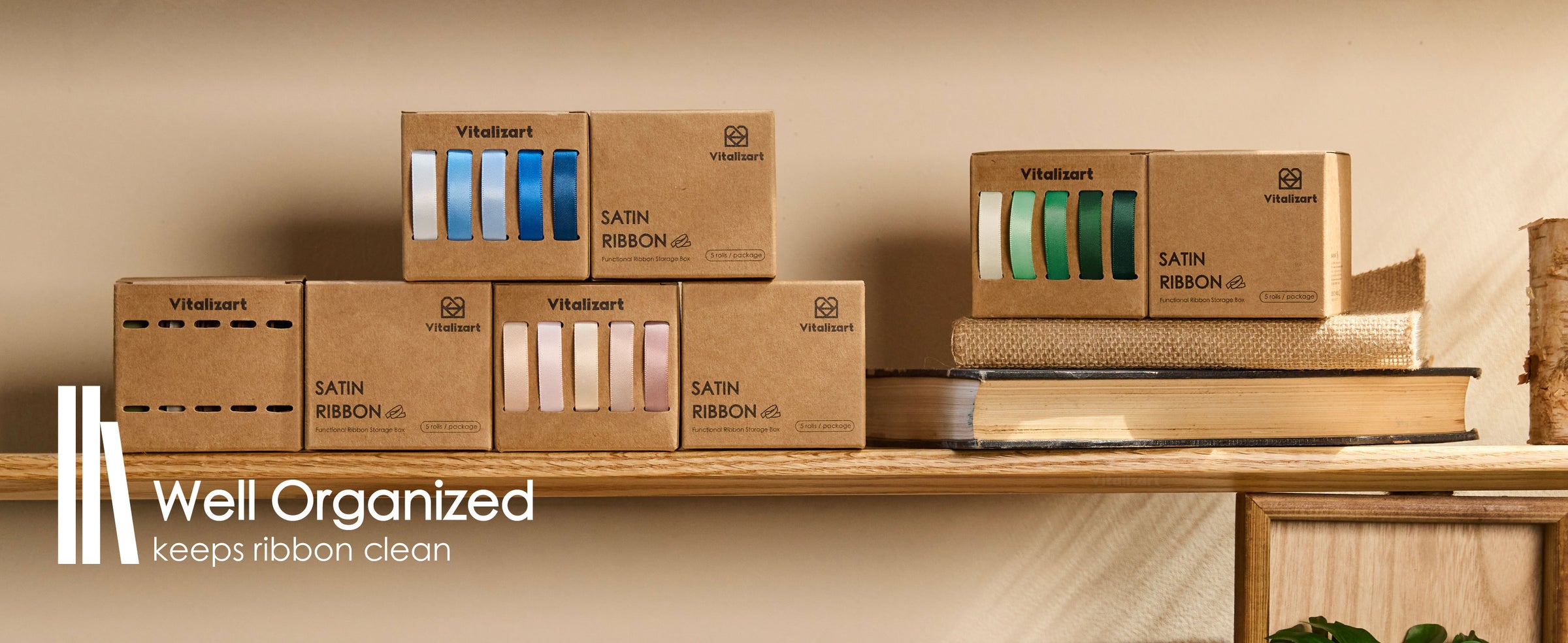 Kraft satin ribbon storage boxes neatly arranged with books and plants on wooden shelves