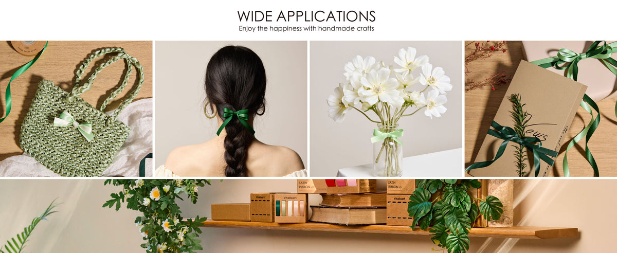 Green and cream satin ribbon used on a handbag, hair bow, flower vase, and gifts