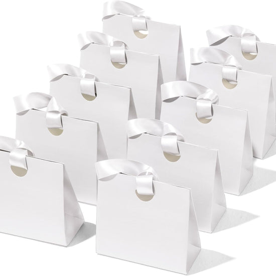 Set of 10 small white paper gift bags with ribbon handles