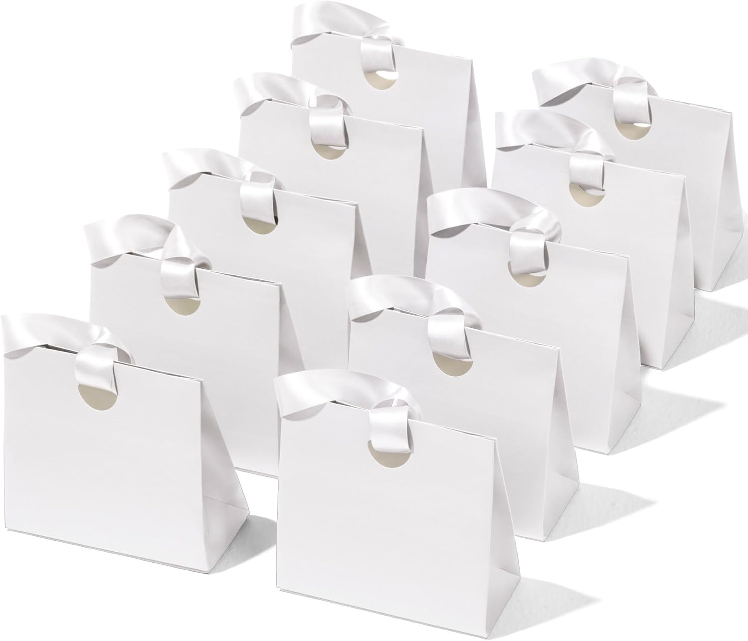 Set of 10 small white paper gift bags with ribbon handles